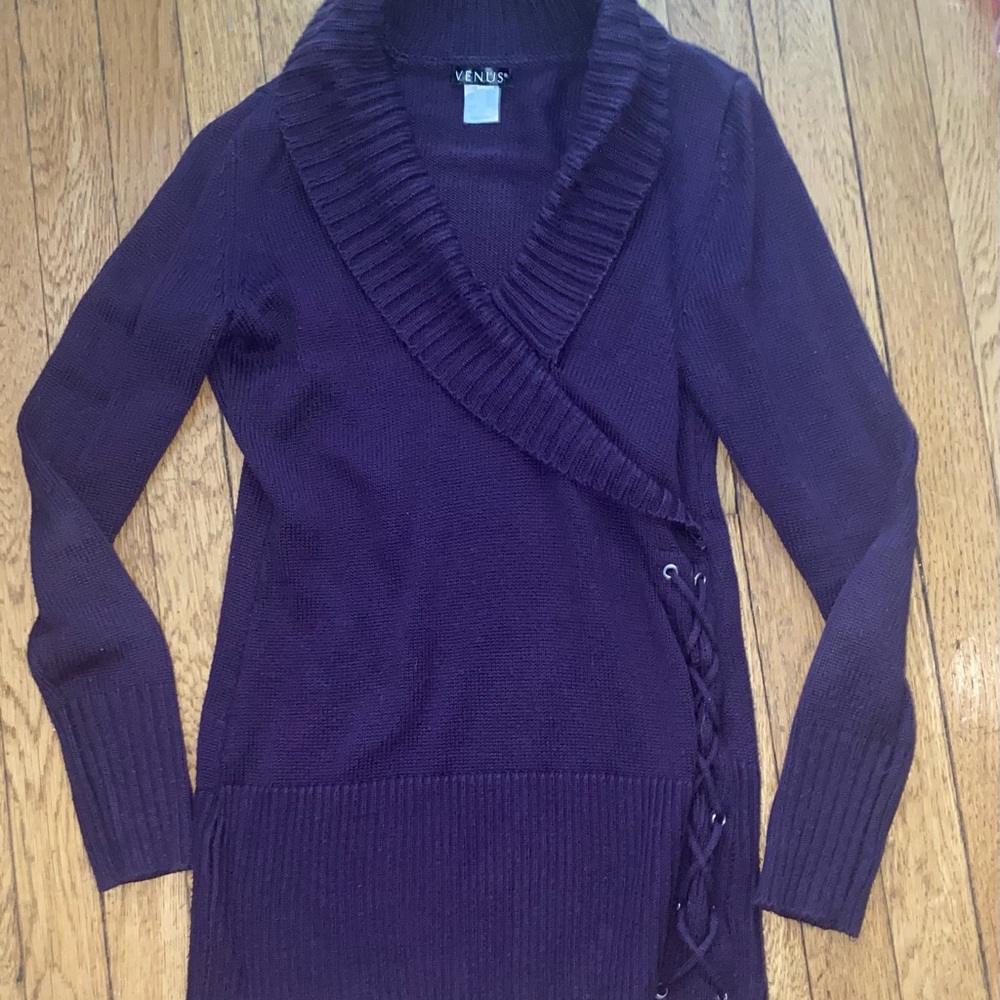 VENUS Deep Plum Shawl-Collar Lace-Up Knit Sweater Dress